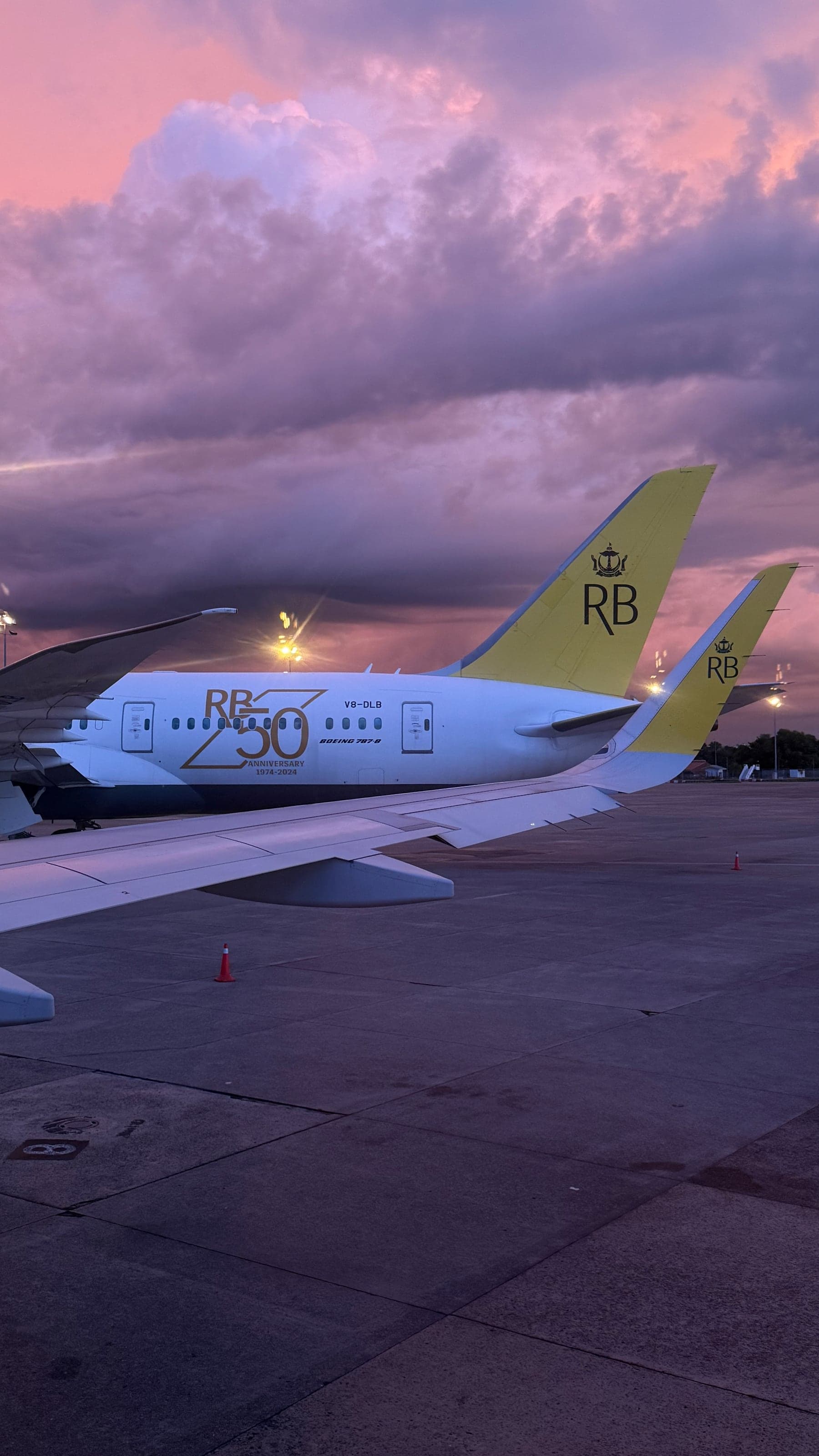 Самолёт Royal Brunei на фоне вечернего неба