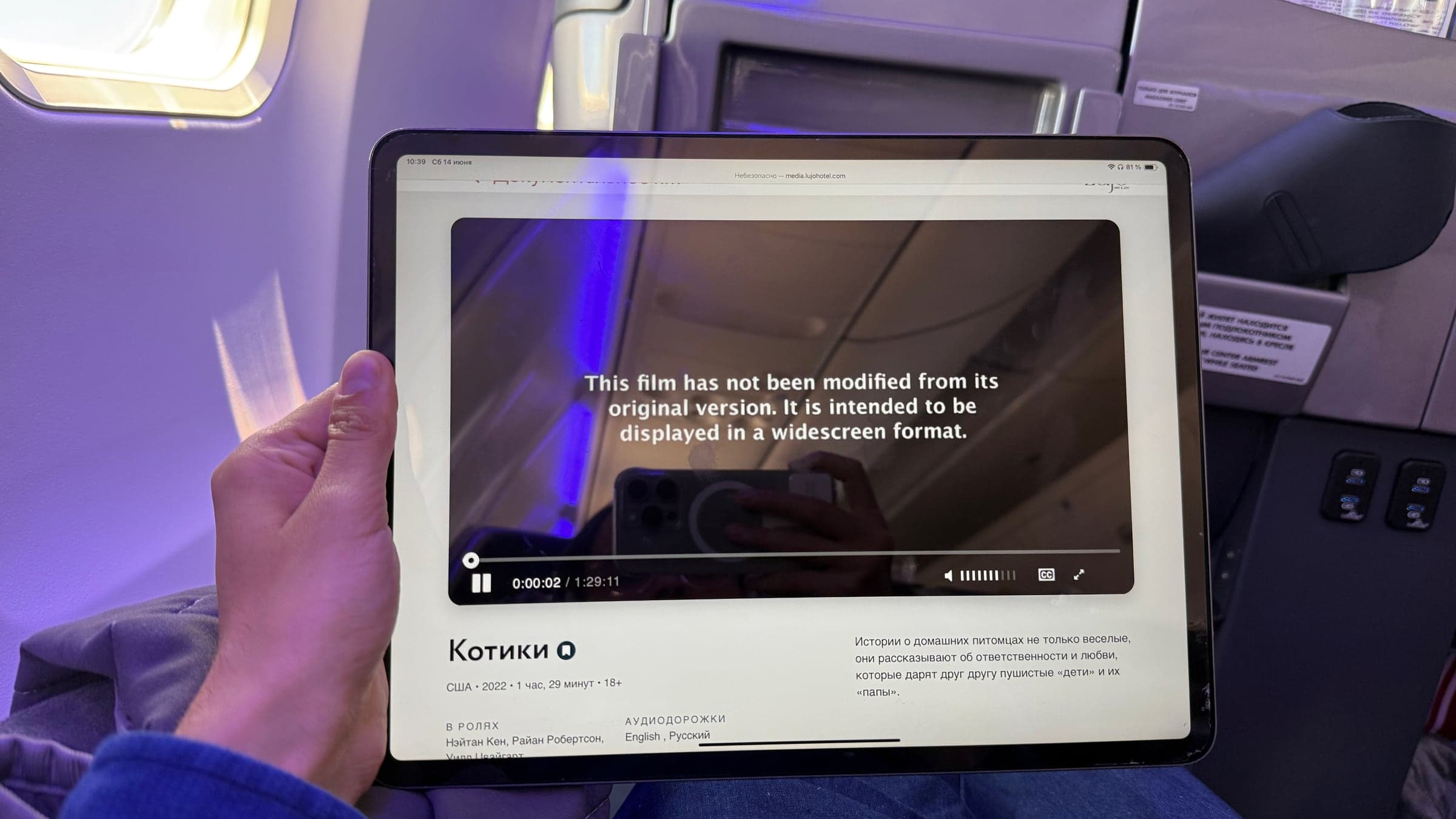 Фильм на iPad в салоне самолёта