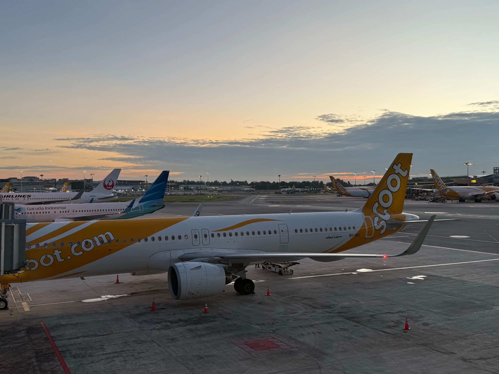 Самолёт Scoot на закате в Сингапуре